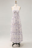 Blue Floral Chiffon Halter Ruched Long Wedding Guest Dress with Bow