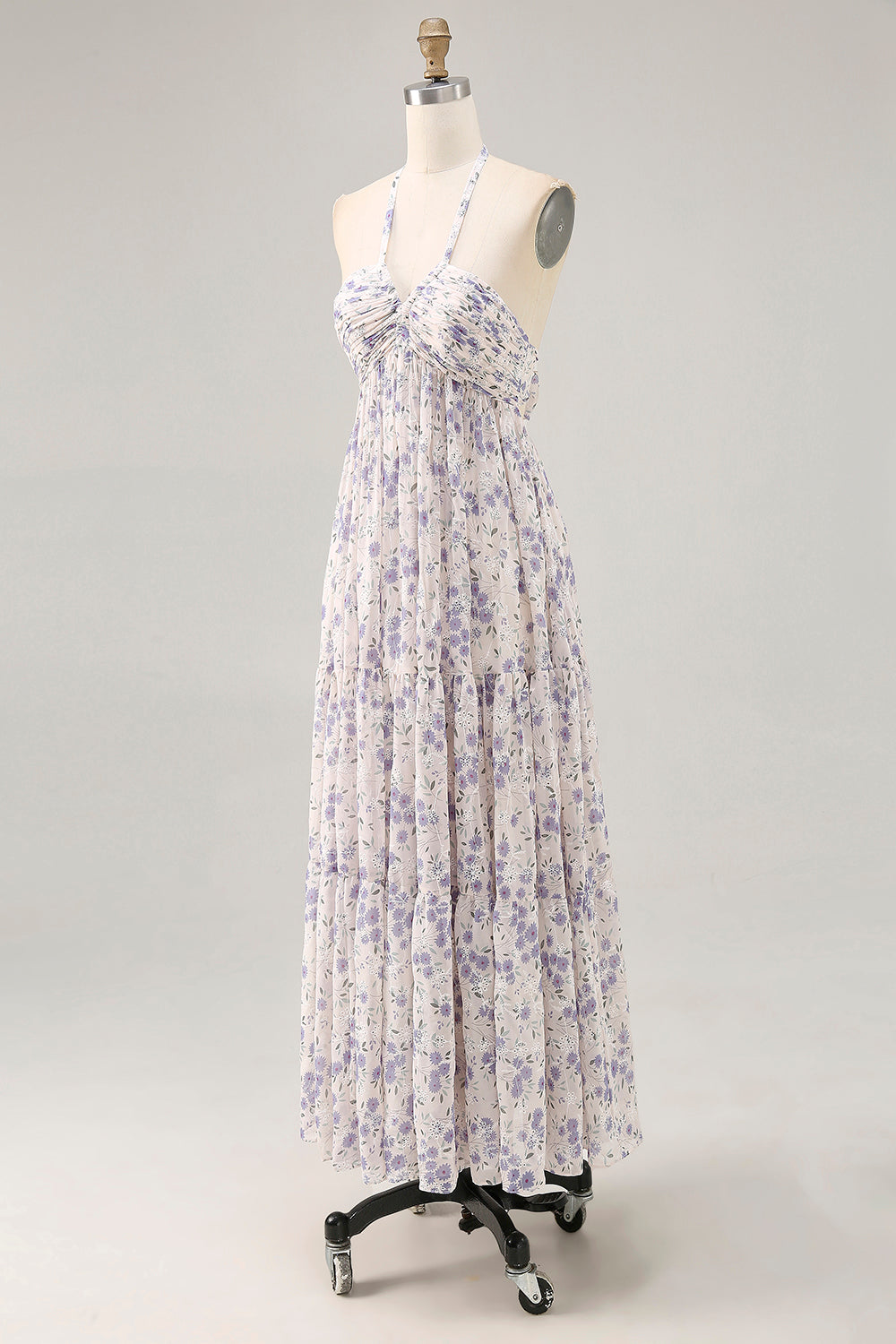 Blue Floral Chiffon Halter Ruched Long Wedding Guest Dress with Bow