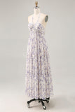 Blue Floral Chiffon Halter Ruched Long Wedding Guest Dress with Bow