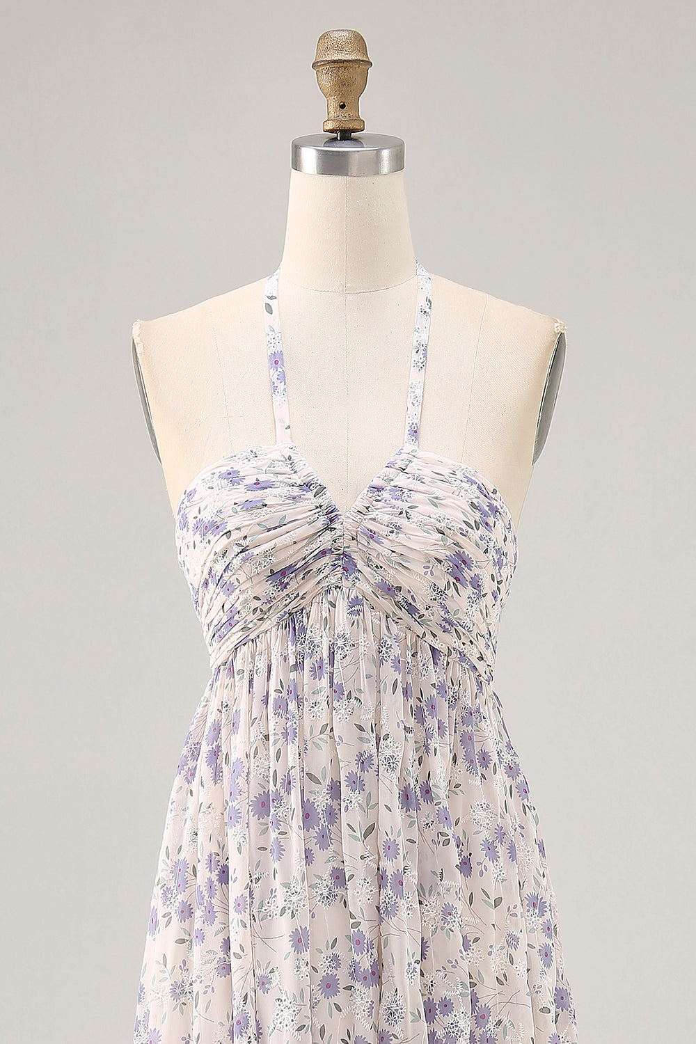 Blue Floral Chiffon Halter Ruched Long Wedding Guest Dress with Bow
