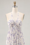 Blue Floral Chiffon Halter Ruched Long Wedding Guest Dress with Bow