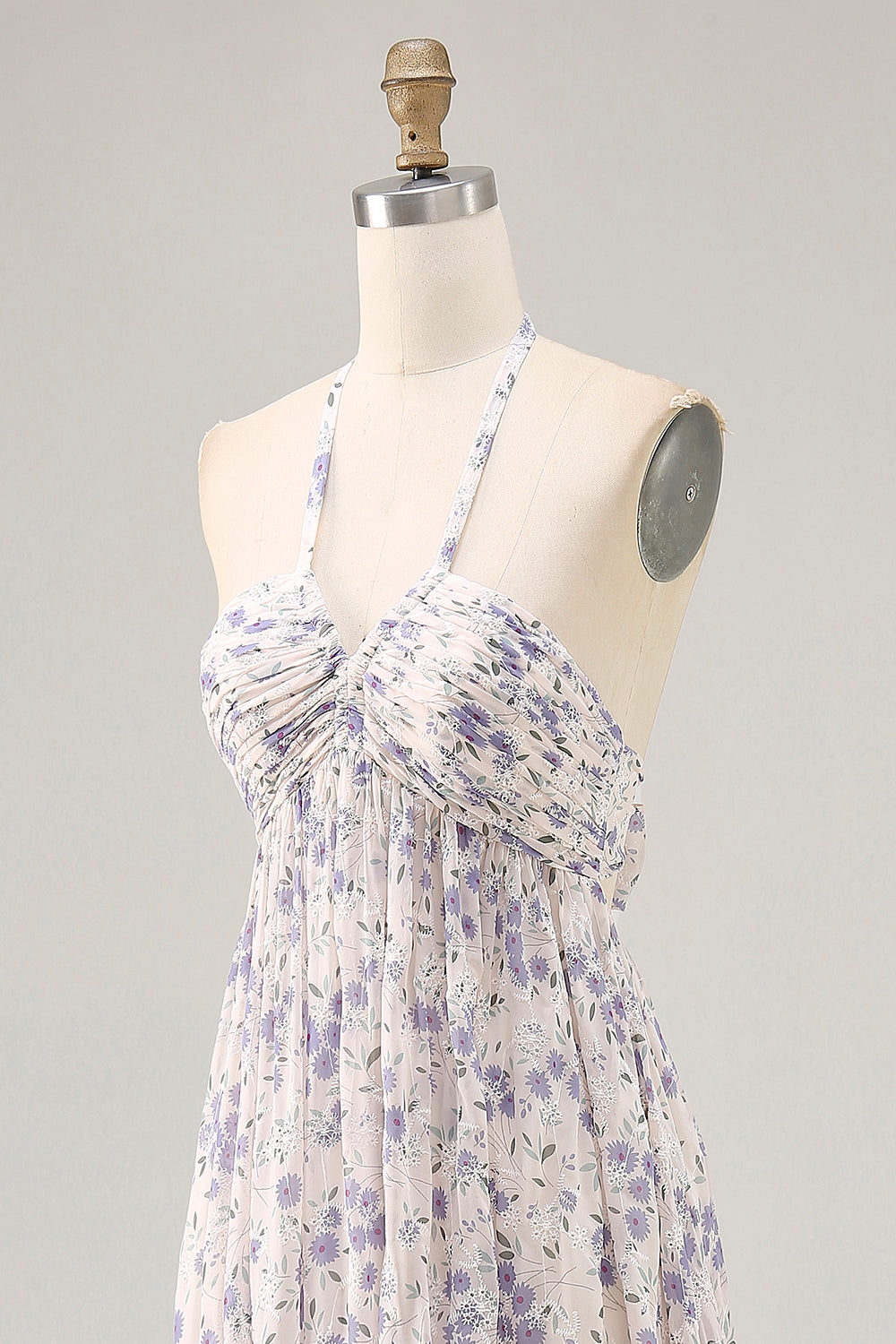 Blue Floral Chiffon Halter Ruched Long Wedding Guest Dress with Bow