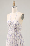 Blue Floral Chiffon Halter Ruched Long Wedding Guest Dress with Bow