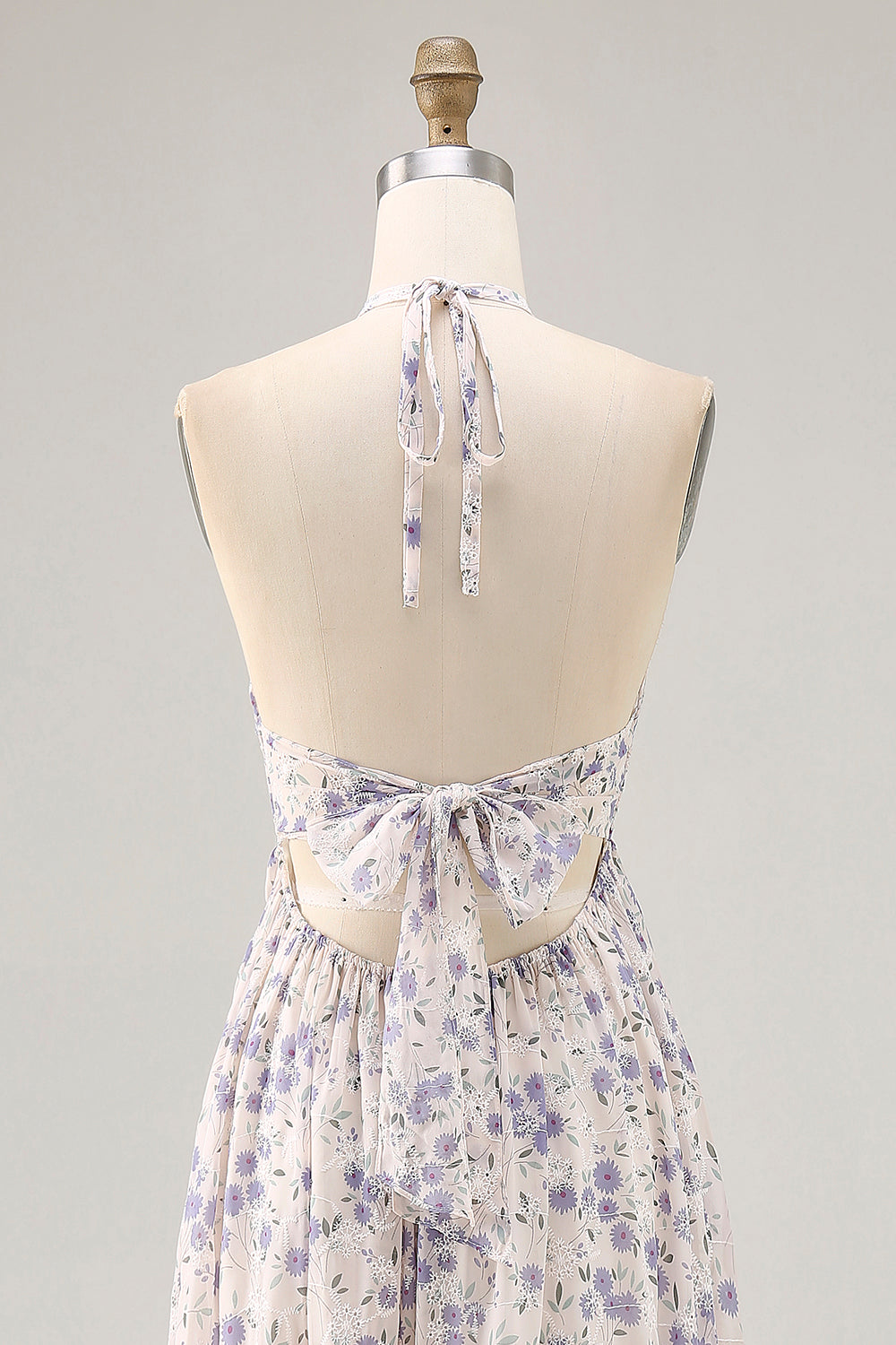 Blue Floral Chiffon Halter Ruched Long Wedding Guest Dress with Bow