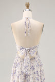 Blue Floral Chiffon Halter Ruched Long Wedding Guest Dress with Bow