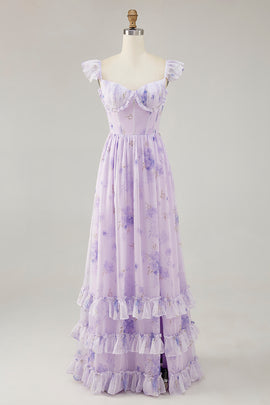 Lavender Floral Corset Ruffled Long Bridesmaid Dress with Slit