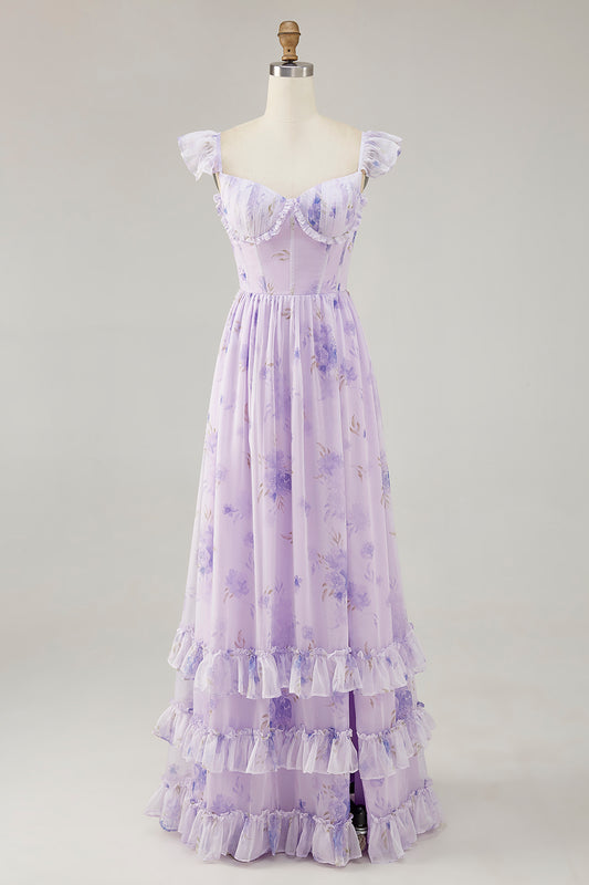 Lavender Floral Corset Ruffled Long Bridesmaid Dress with Slit