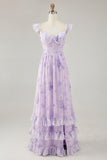 Lavender Floral Corset Ruffled Long Bridesmaid Dress with Slit