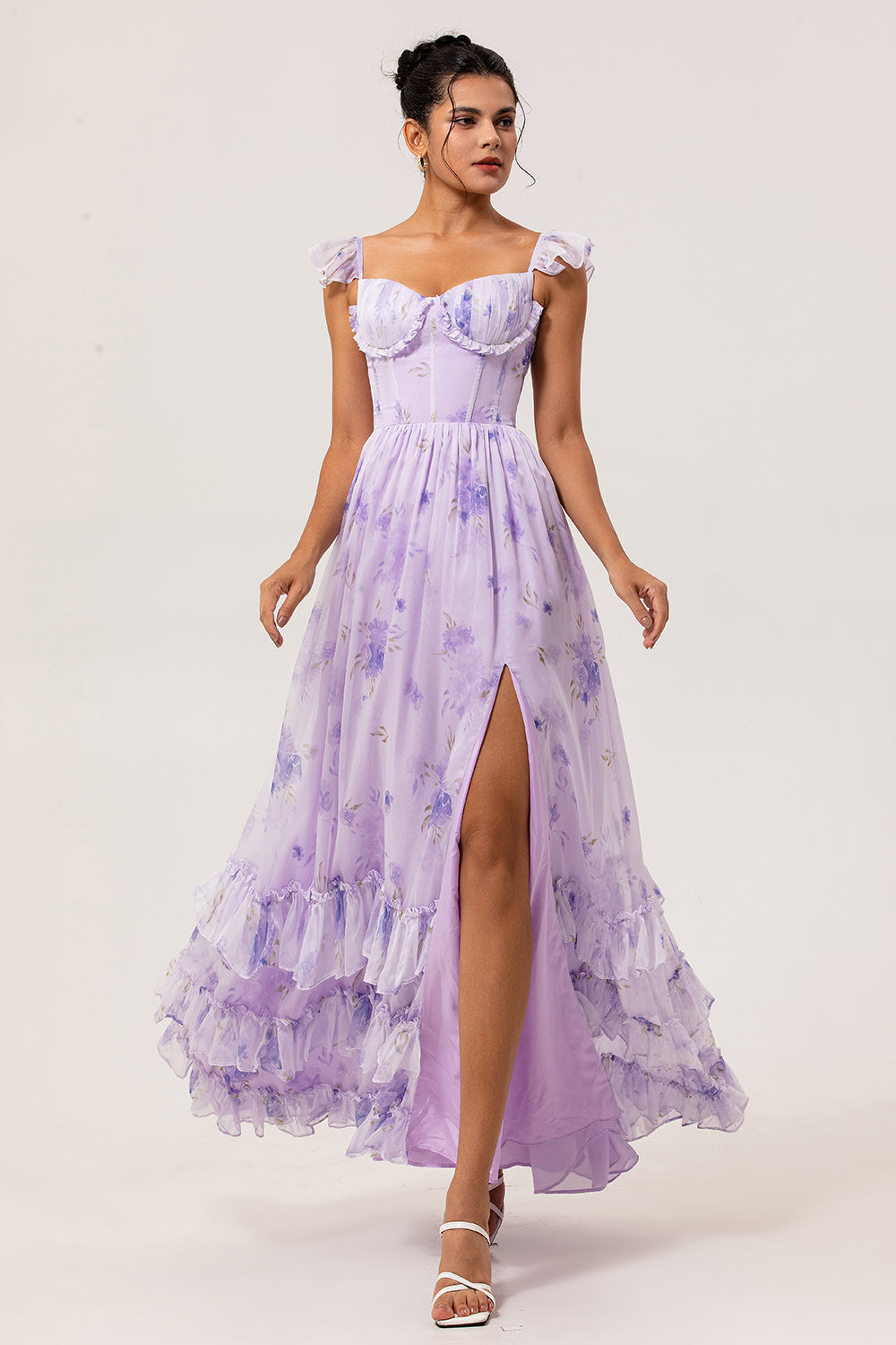 Lavender Floral Corset Ruffled Long Bridesmaid Dress with Slit