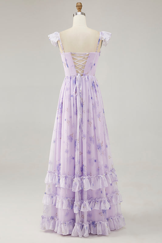 Lavender Floral Corset Ruffled Long Bridesmaid Dress with Slit