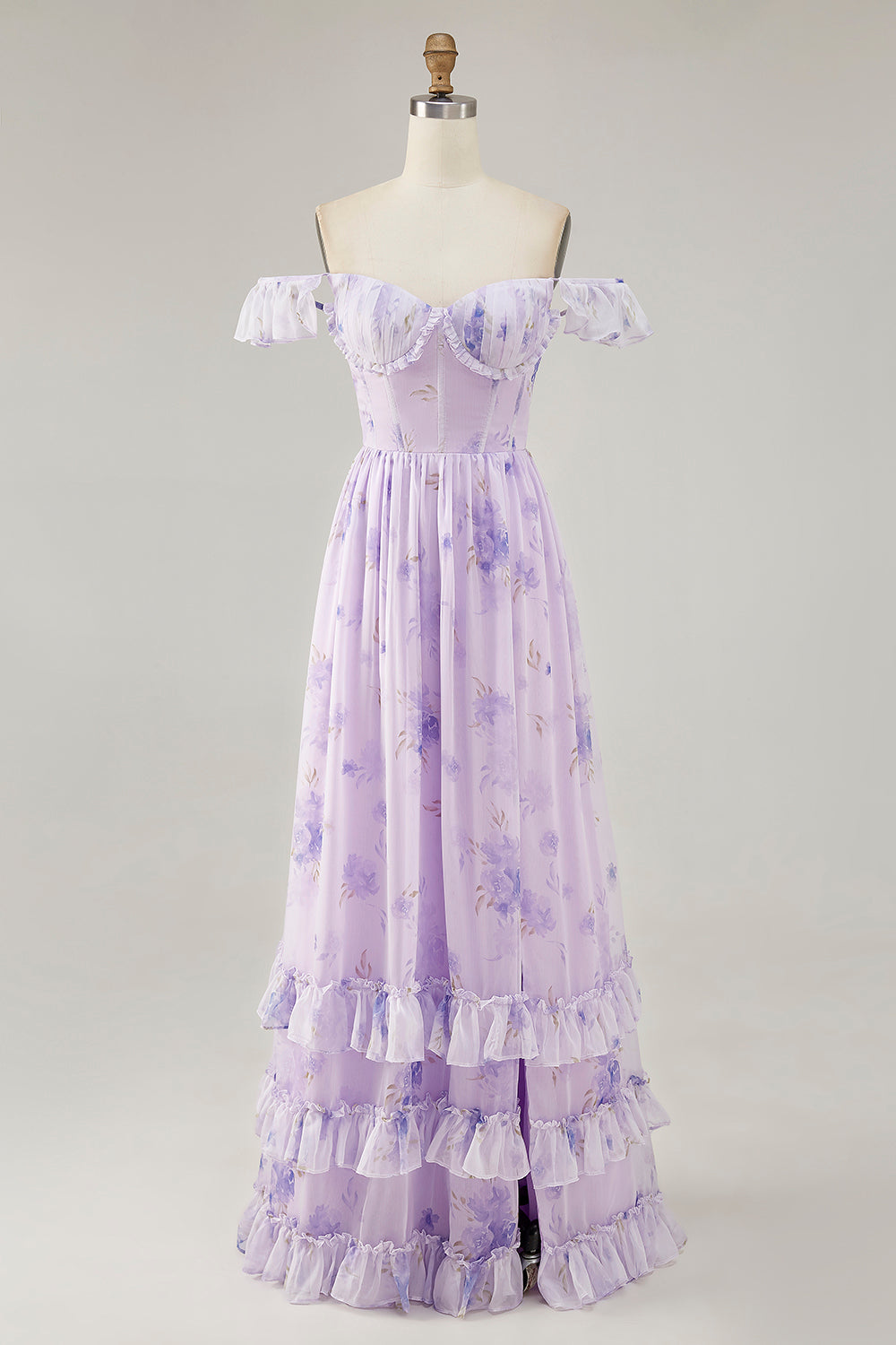 Lavender Floral Corset Ruffled Long Bridesmaid Dress with Slit