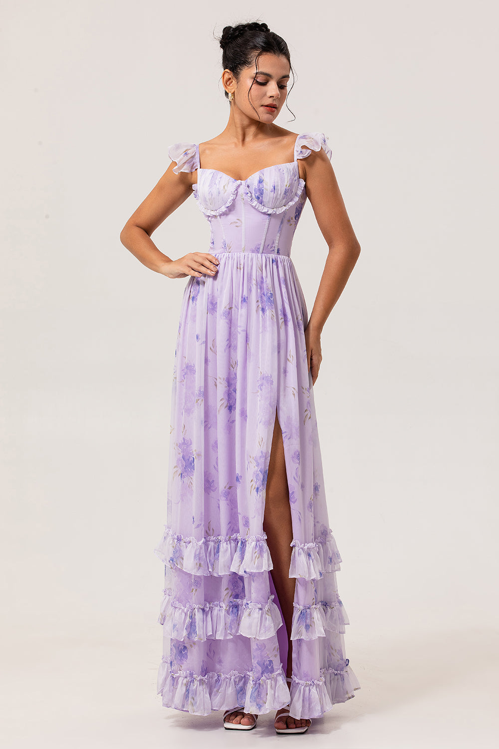 Lavender Corset Floral Long Ruffled Bridesmaid Dress with Slit