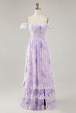 Lavender Floral Corset Ruffled Long Bridesmaid Dress with Slit
