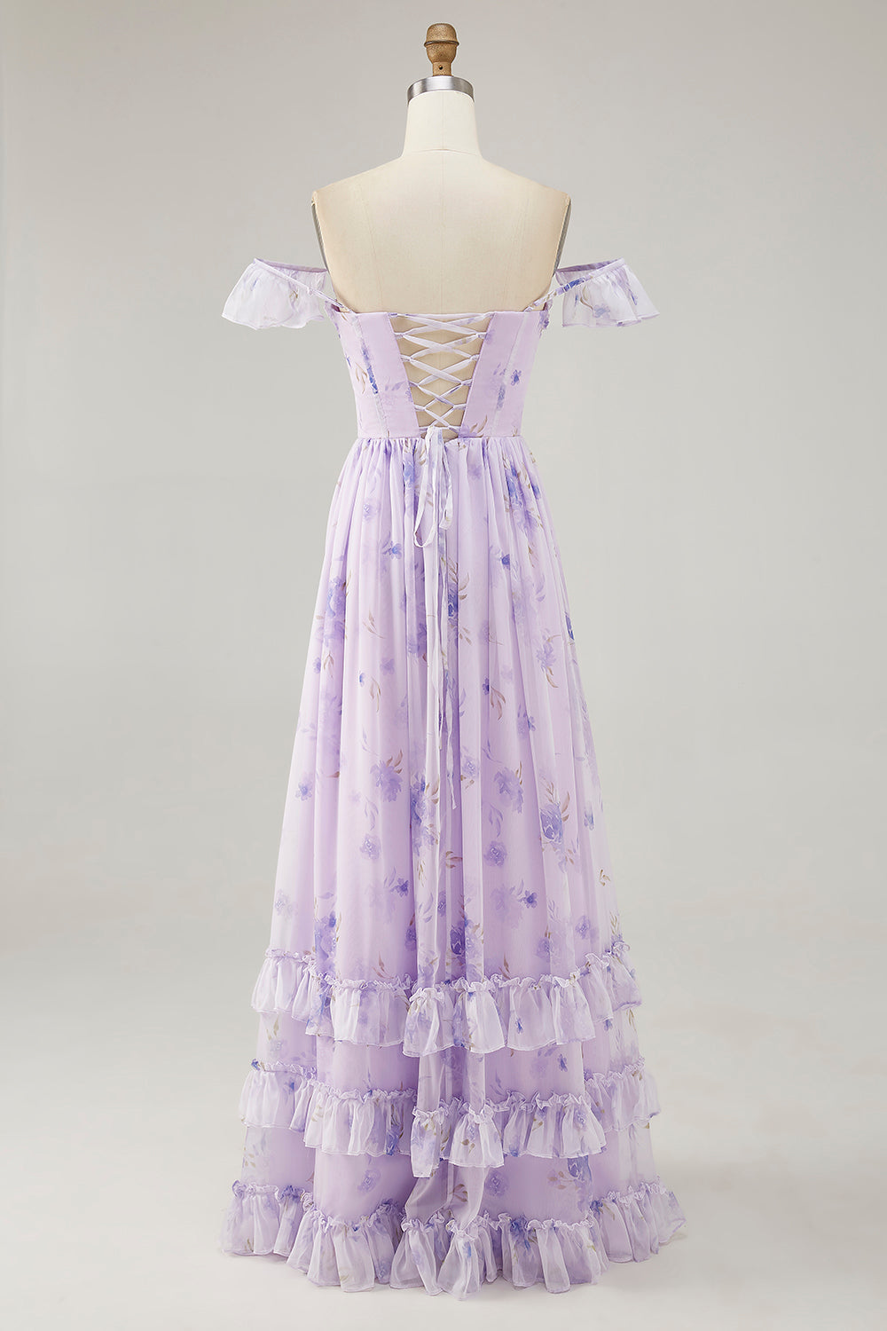 Lavender Floral Corset Ruffled Long Bridesmaid Dress with Slit