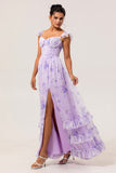 Lavender Corset Floral Long Ruffled Bridesmaid Dress with Slit