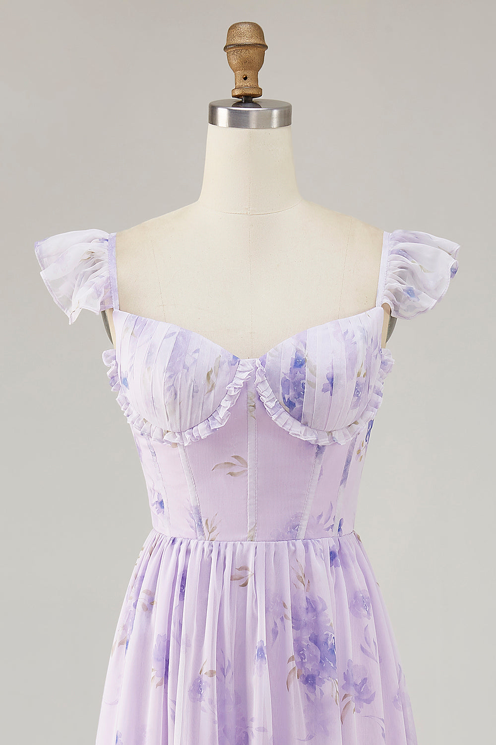 Lavender Floral Corset Ruffled Long Bridesmaid Dress with Slit