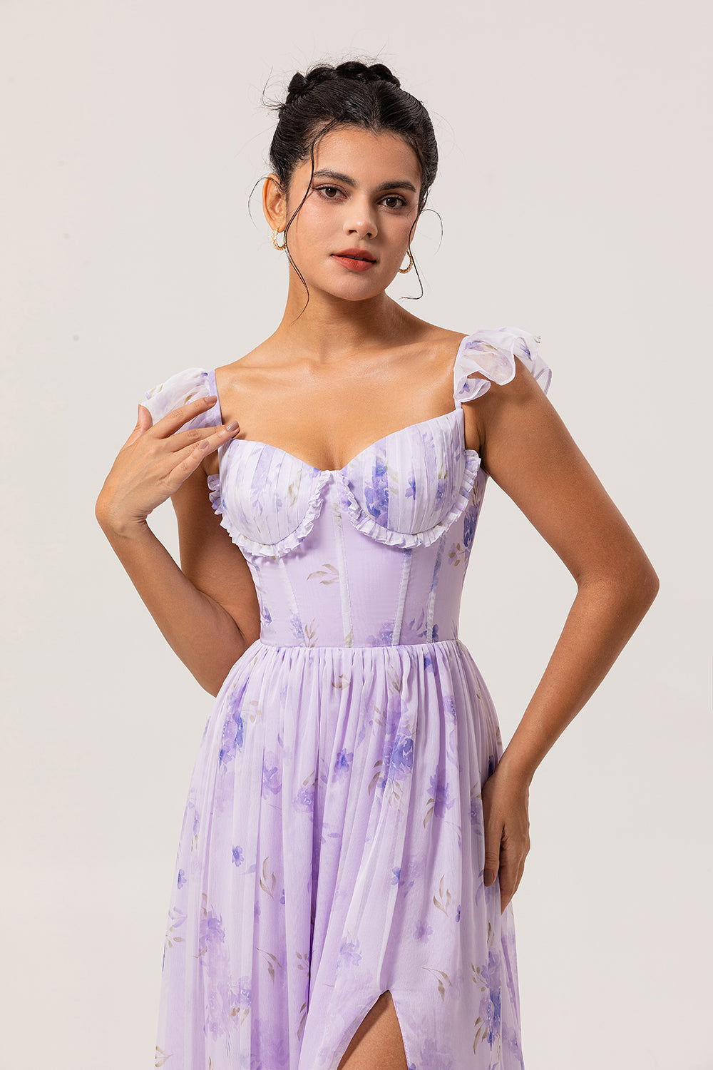 Lavender Corset Floral Long Ruffled Bridesmaid Dress with Slit