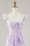 Lavender Floral Corset Ruffled Long Bridesmaid Dress with Slit