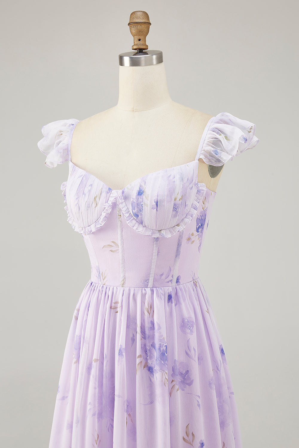Lavender Floral Corset Ruffled Long Bridesmaid Dress with Slit