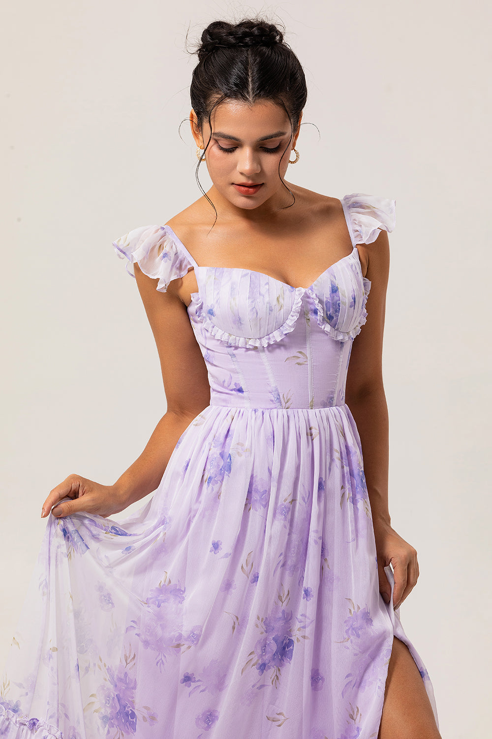 Lavender Corset Floral Long Ruffled Bridesmaid Dress with Slit
