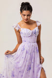 Lavender Corset Floral Long Ruffled Bridesmaid Dress with Slit