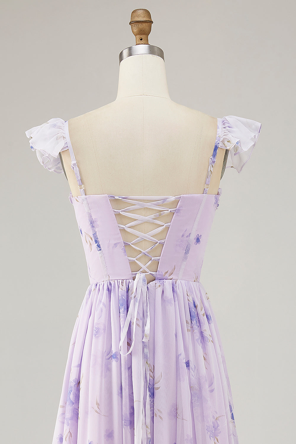 Lavender Floral Corset Ruffled Long Bridesmaid Dress with Slit