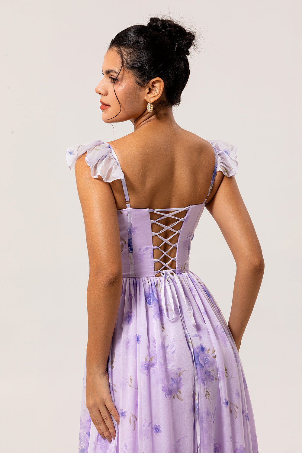 Lavender Corset Floral Long Ruffled Bridesmaid Dress with Slit