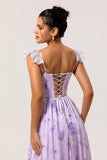 Lavender Corset Floral Long Ruffled Bridesmaid Dress with Slit
