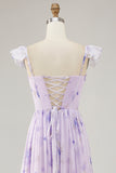 Lavender Floral Corset Ruffled Long Bridesmaid Dress with Slit