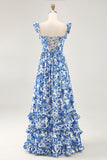 Red Floral Chiffon Corset Ruffled Long Wedding Guest Dress with Slit