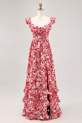Red Floral Chiffon Corset Ruffled Long Wedding Guest Dress with Slit