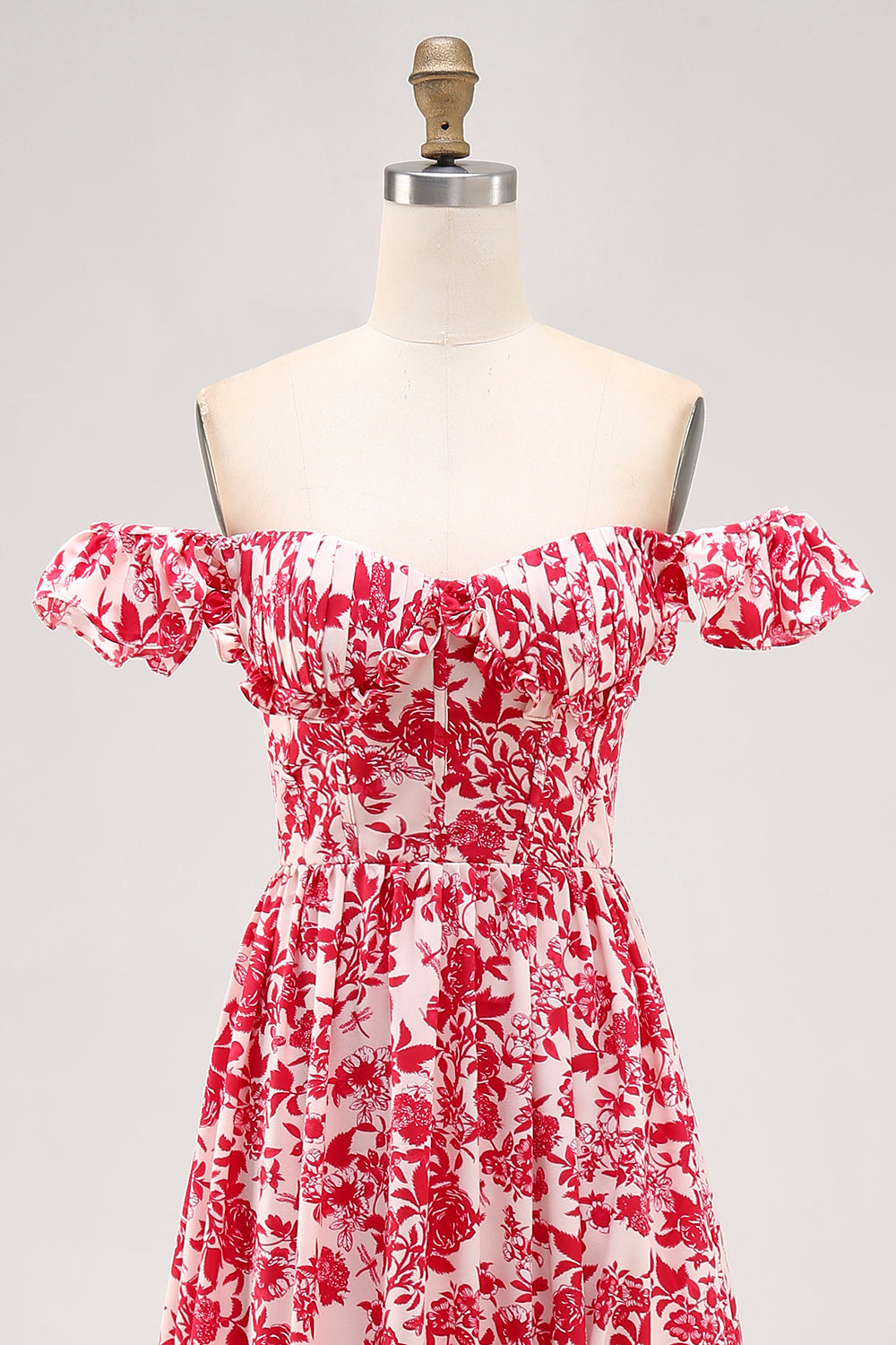 Red Floral Chiffon Corset Ruffled Long Wedding Guest Dress with Slit