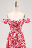 Red Floral Chiffon Corset Ruffled Long Wedding Guest Dress with Slit