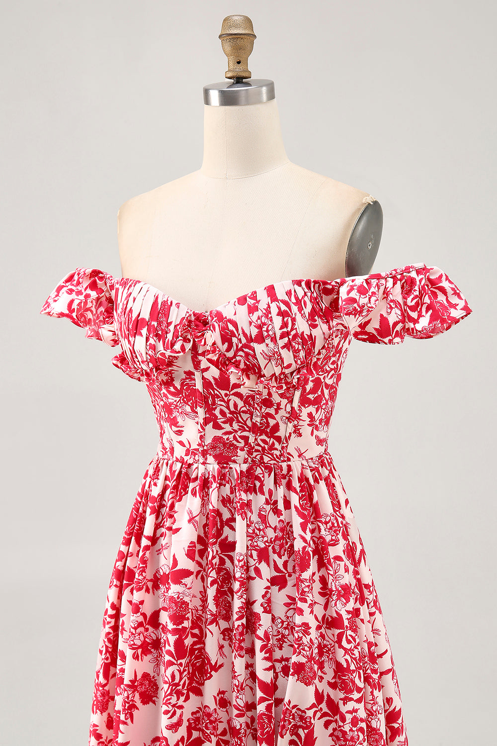 Red Floral Chiffon Corset Ruffled Long Wedding Guest Dress with Slit
