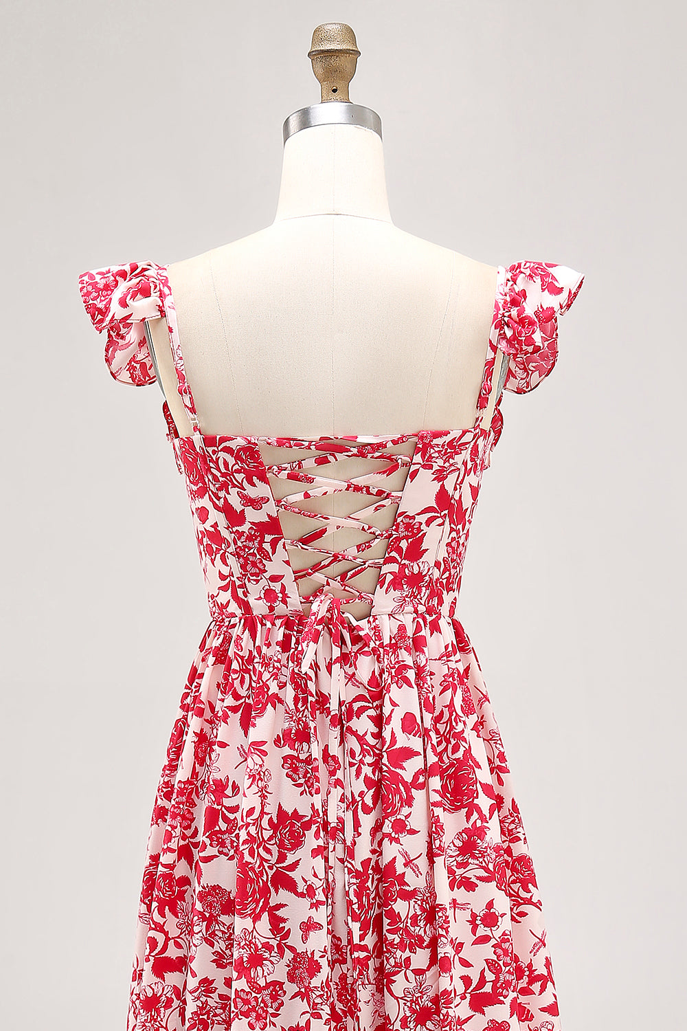 Red Floral Chiffon Corset Ruffled Long Wedding Guest Dress with Slit