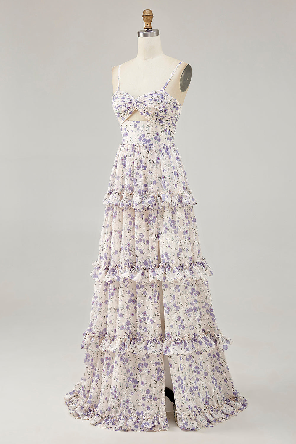 Purple Floral Embroidered Cut Out Ruffled Long Wedding Guest Dress with Slit