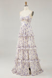 Purple Floral Embroidered Cut Out Ruffled Long Wedding Guest Dress with Slit