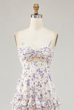 Purple Floral Embroidered Cut Out Ruffled Long Wedding Guest Dress with Slit