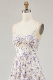 Purple Floral Embroidered Cut Out Ruffled Long Wedding Guest Dress with Slit