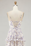 Purple Floral Embroidered Cut Out Ruffled Long Wedding Guest Dress with Slit