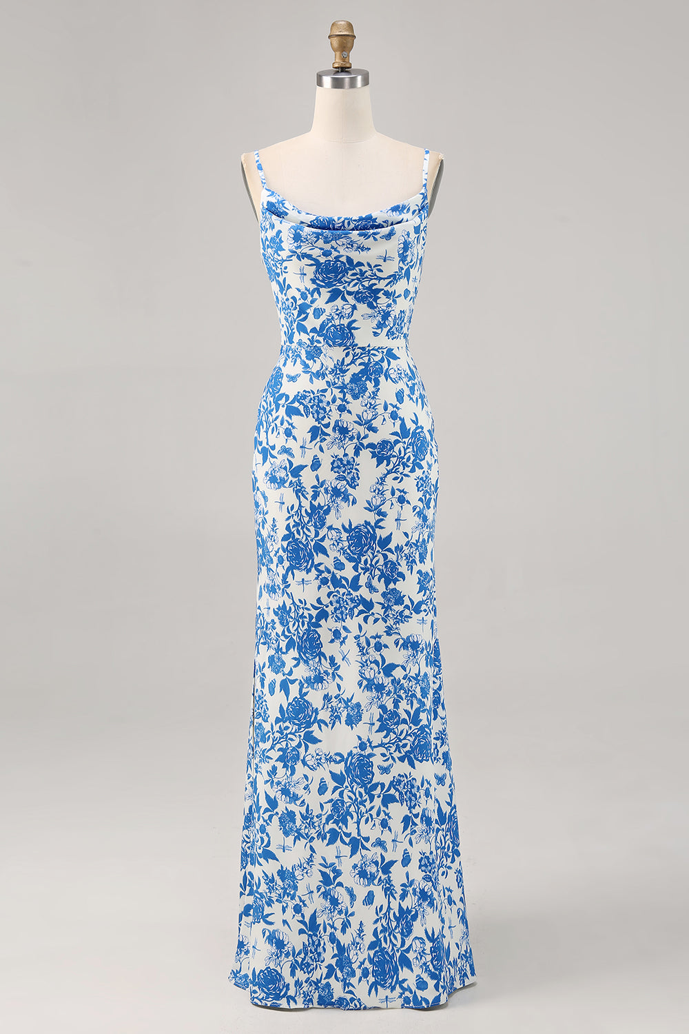 Zapakasa Women Blue Floral Long Wedding Guest Dress Mermaid Ruched