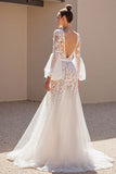 Ivory Tulle Corset V-Neck Sweep Train A Line Wedding Dress with Lace