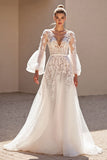 Ivory Tulle Corset V-Neck Sweep Train A Line Wedding Dress with Lace