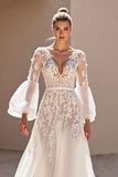 Ivory Tulle Corset V-Neck Sweep Train A Line Wedding Dress with Lace
