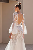 Ivory Tulle Corset V-Neck Sweep Train A Line Wedding Dress with Lace