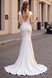 Ivory Satin Mermaid Cap Sleeves Sweep Train Wedding Dress with Lace