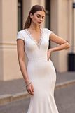 Ivory Satin Mermaid Cap Sleeves Sweep Train Wedding Dress with Lace
