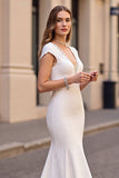 Ivory Satin Mermaid Cap Sleeves Sweep Train Wedding Dress with Lace