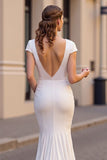 Ivory Satin Mermaid Cap Sleeves Sweep Train Wedding Dress with Lace
