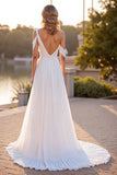 Ivory Ruched A Line Boho Sweep Train Chiffon Wedding Dress
